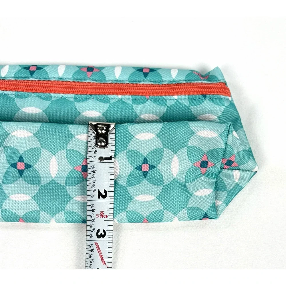 Clinique Cosmetic Pouch Makeup Bag Teal Geometric Circle Print Orange Zip New